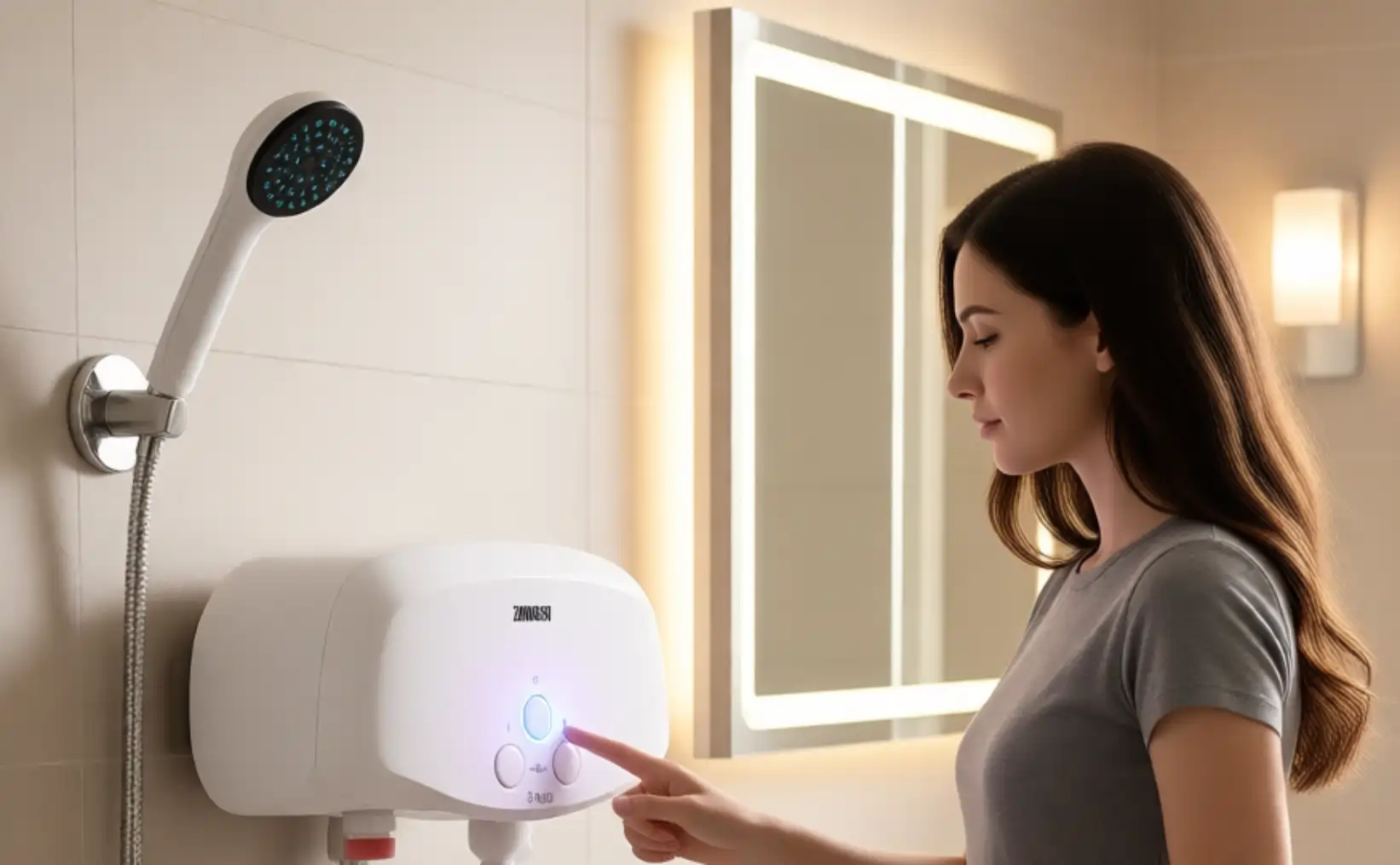 Женщина в коротком платье должна наживать на кнопки водонагревателя